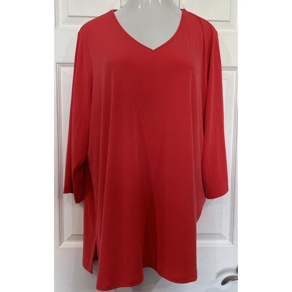 Susan Graver Modern Essentials Liquid Knit Tunic V Neck Coral  Plus Size 3X